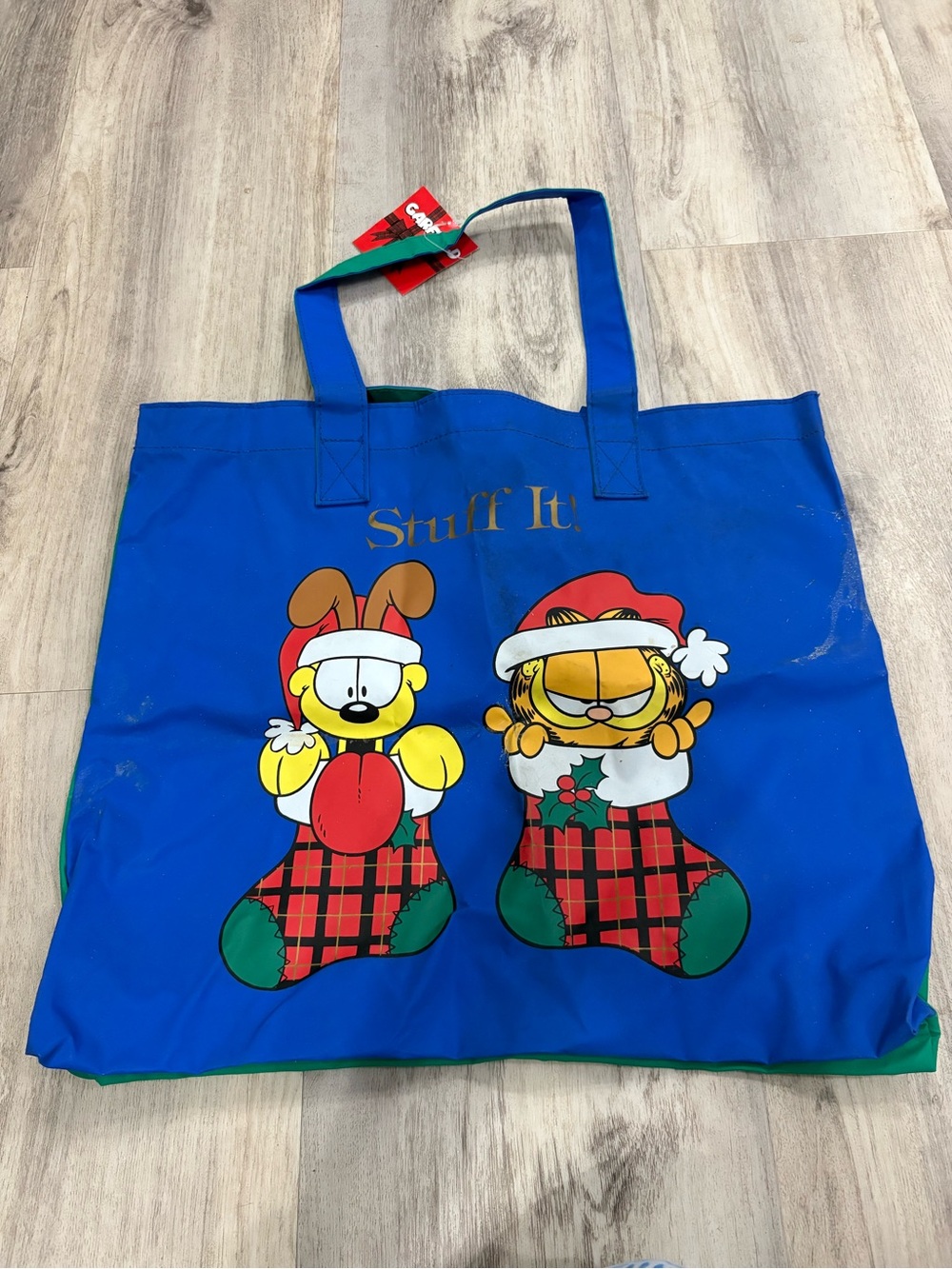 Vintage Garfield and Odie Blue Green Vinyl Tote Christmas Bag NWT